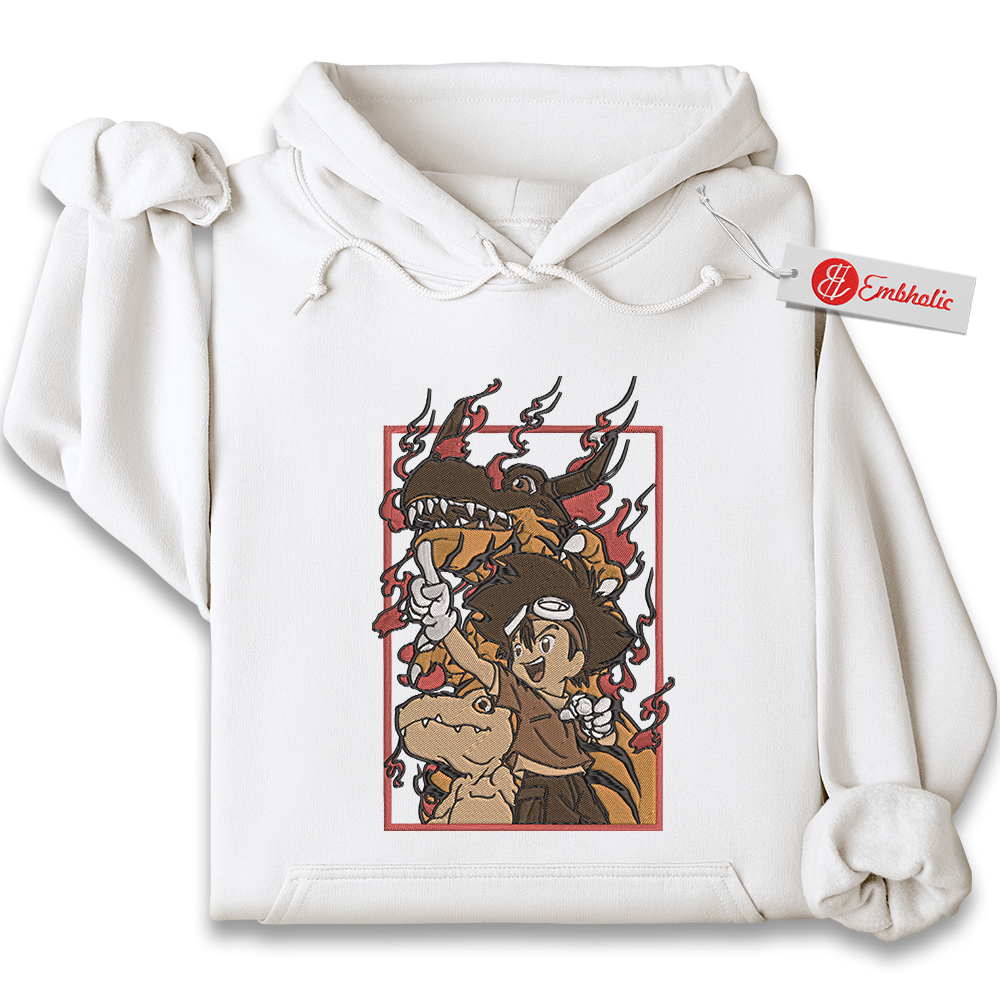 Digimon Embroidered Hoodie, Agumon Shirt, Greymon Shirt, Taichi Kamiya Shirt, Anime Embroidered Hoodie Digimon Embroidered Hoodie, Agumon Shirt, Greymon Shirt, Taichi Kamiya Shirt, Anime Embroidered Hoodie