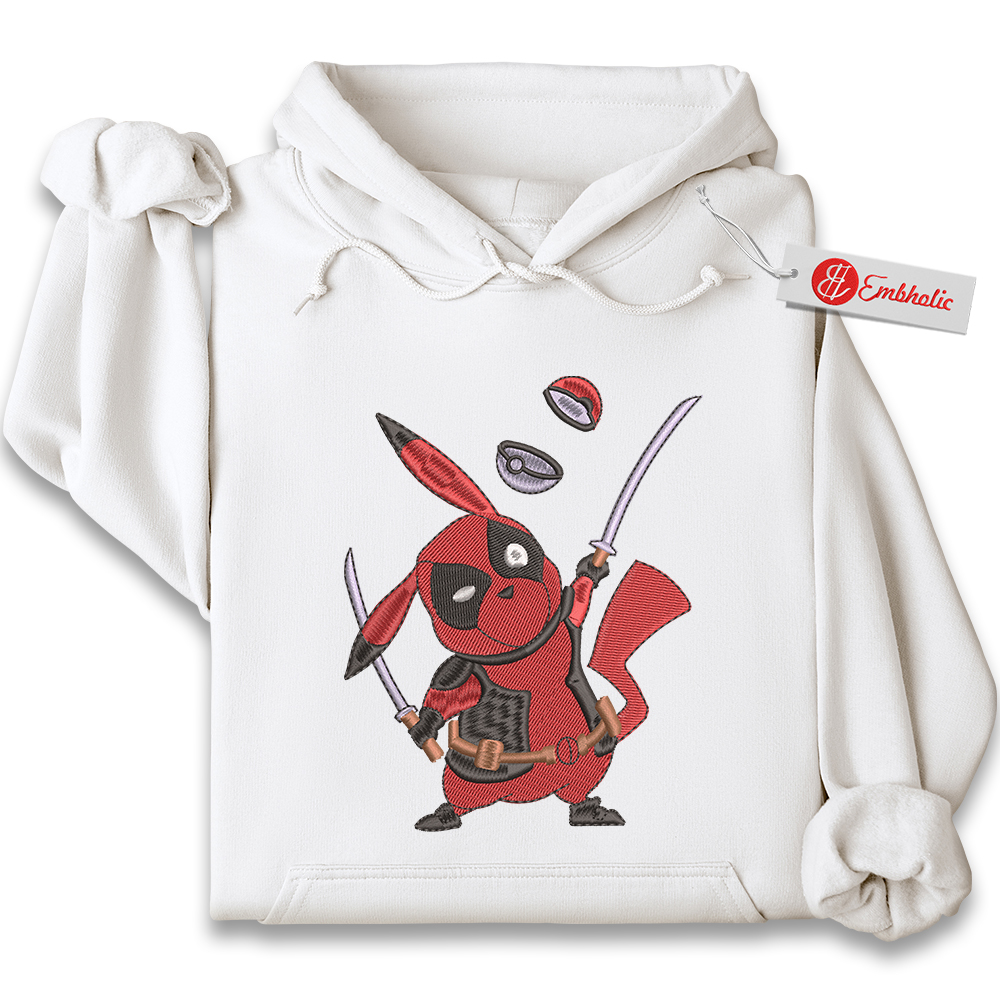 Pikachu x Deadpool Embroidered Hoodie, Pokemon Shirt, PKM Shirt, Anime Embroidered Hoodie Pikachu x Deadpool Embroidered Hoodie, Pokemon Shirt, PKM Shirt, Anime Embroidered Hoodie